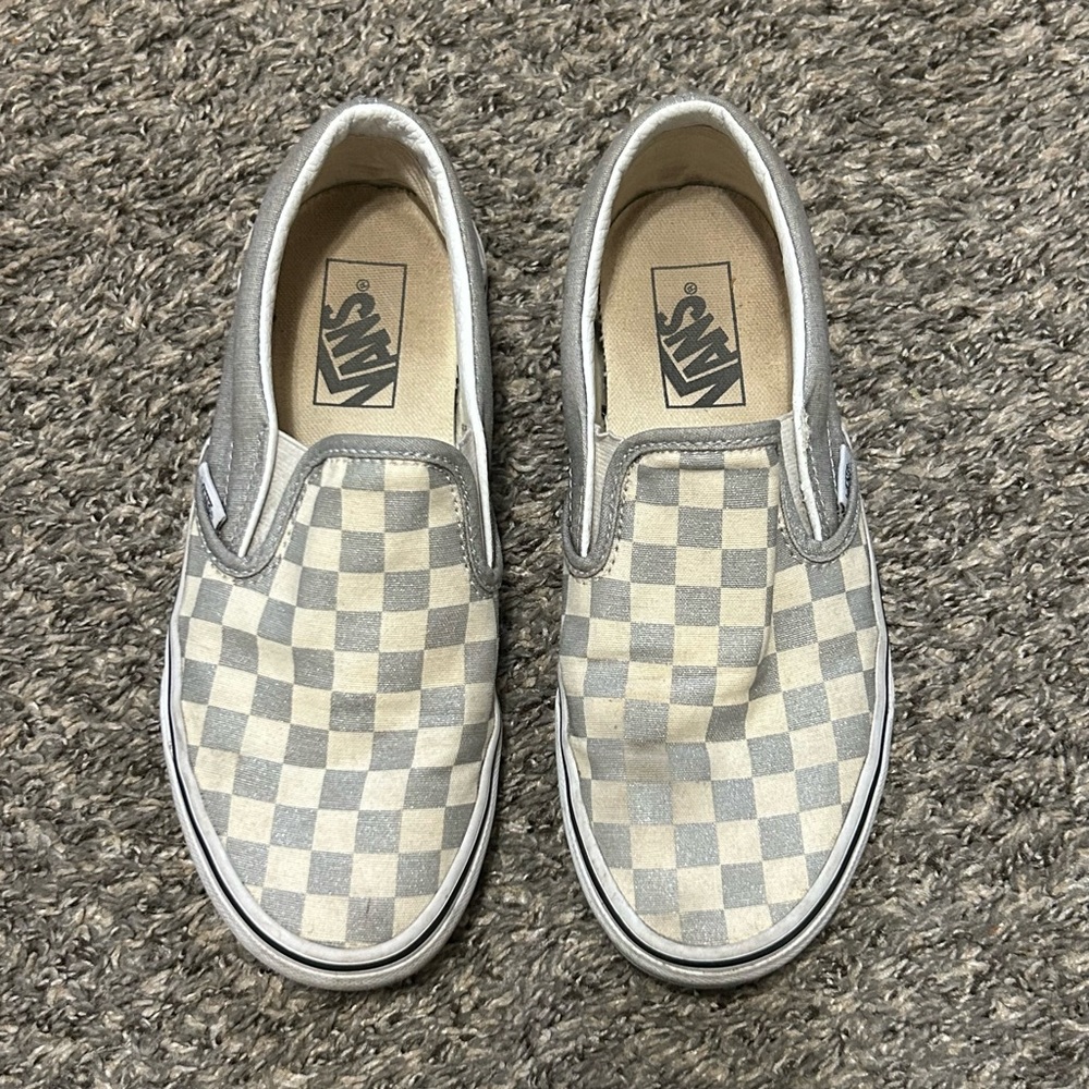 Vans checkered sparkly gray/silver and white slip ons